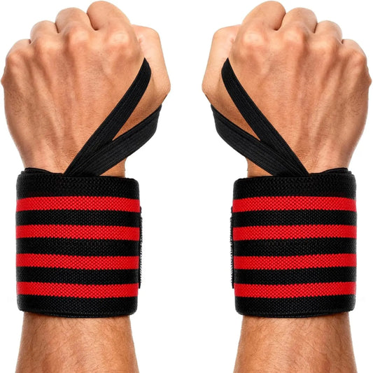 Wrist Wraps for Weightlifting Gym Bodybuilding Workout, 13" Red and Black with 4 Stripes, Adjustable Long Velcro, Wrist Band for Men and Women